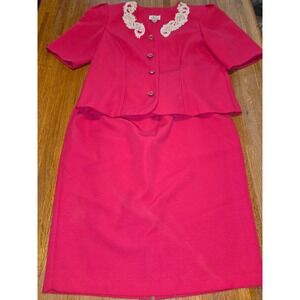 Vintage In Cino Women 14 2 pc Hot Pink Lace Collar Button Front Skirt Suit Set